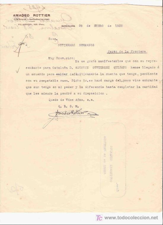 Lettres commerciales: CARTA COMERCIAL. AMADEO ROTTIER. COMISIONES. GUTIERREZ HNOS. JEREZ. BARCELONA, ENERO 1925.