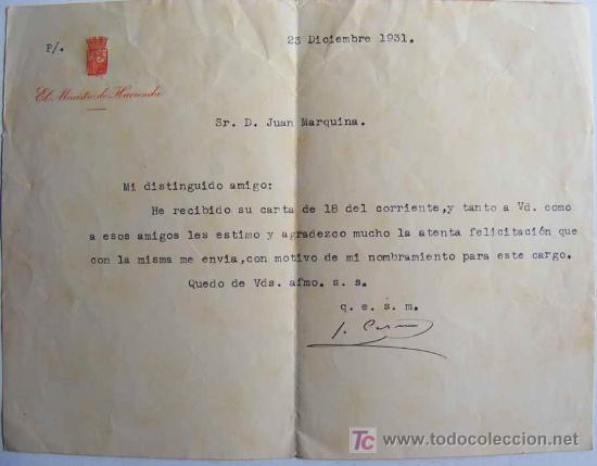 Gesch&auml;ftsbriefe: Carta de agradecimiento a Juan Marquina del Ministro de hacienda en la 2&ordf; republica, D. Jaime Carner