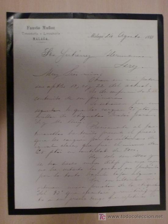 Cartas comerciales: MALAGA 24 AGOSTO 1888. CARTA COMERCIAL DE FAUSTO MU&Ntilde;OZ.