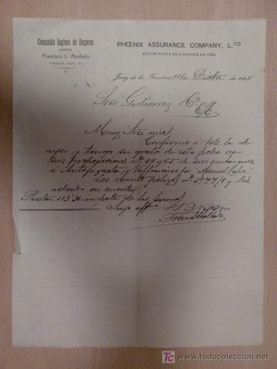 Cartas comerciales: JEREZ DE LA FRONTERA 14 DICIEMBRE 1915. CARTA COMERCIAL DE COMPA&Ntilde;IA INGLESA DE SEGUROS PHOENIX.