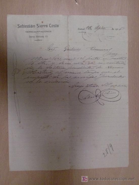 Cartas comerciais: CATRAL, ALICANTE 22 SEPTIEMBRE 1926. CARTA COMERCIAL DE SEBASTIAN SIERRA COSTA.