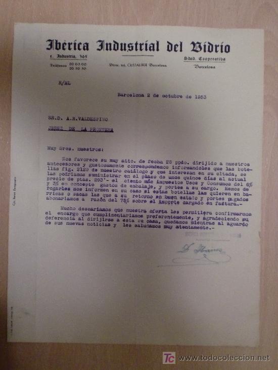 Cartas comerciais: BARCELONA 2 OCTUBRE 1953. CARTA COMERCIAL DE IBERICA INDUSTRIAL DEL VIDRIO.