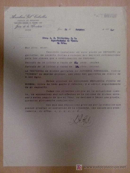 Cartas comerciais: JEREZ 24 OCTUBRE 1953. CARTA COMERCIAL DE ANSELMO GIL CEBALLOS, AGENCIA DE NEGOCIOS.