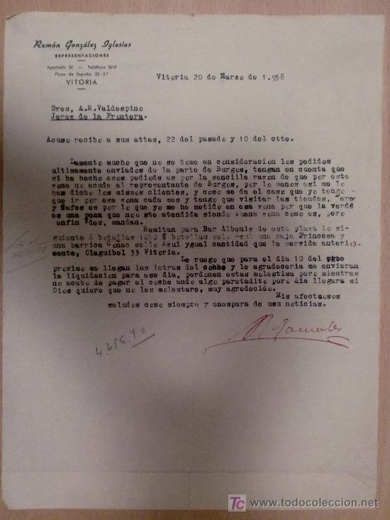 Cartas comerciais: VITORIA 20 MARZO 1958. CARTA COMERCIAL DE RAMON GONZALEZ IGLESIAS, REPRESENTACIONES.