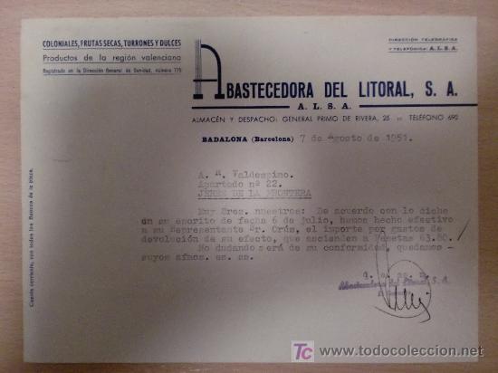 Cartas comerciais: BADALONA, BARCELONA 7 AGOSTO 1951. CARTA COMERCIAL DE ABASTECEDORA DEL LITORAL,S.A.