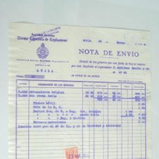 Cartas comerciales: NOTA DE ENVÍO. UNIÓN ESPAÑOLA DE EXPLOSIVOS, (RESELLADA S. A. ESPAÑOLA DE LA DINAMITA). ÁVILA, 1944.. Lote 24347445