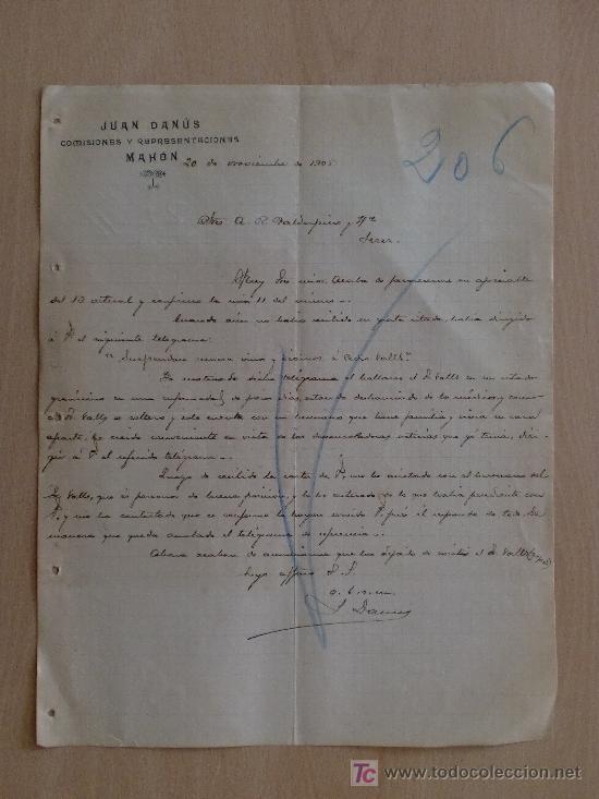 Cartas comerciales: MAHON 1905. CARTA COMERCIAL DE JUAN DANUS. COMISIONES Y REPRESENTACIONES. A VALDESPINO HNOS.
