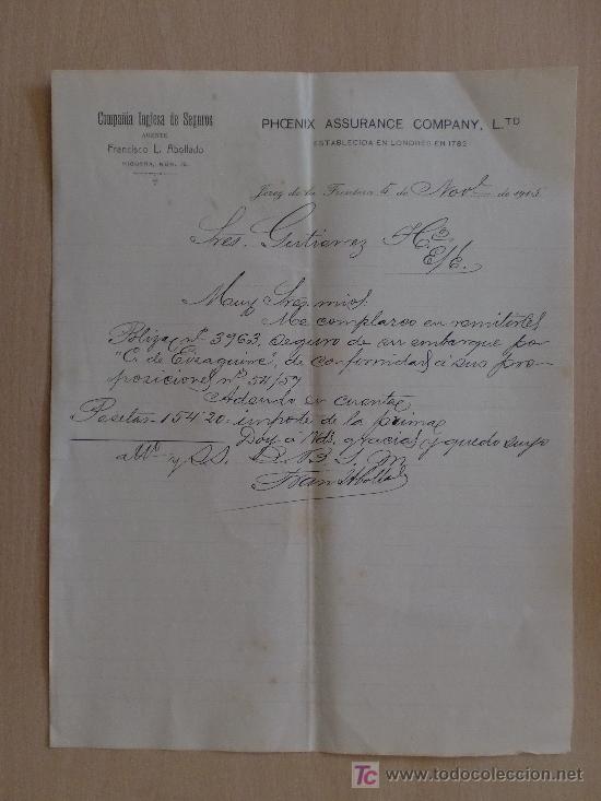 Cartas comerciales: JEREZ 1915. CARTA COMERCIAL DE FRANCISCO L. ABOLLADO. COMPA&Ntilde;IA DE SEGUROS PHOENIX ASSURANCE.