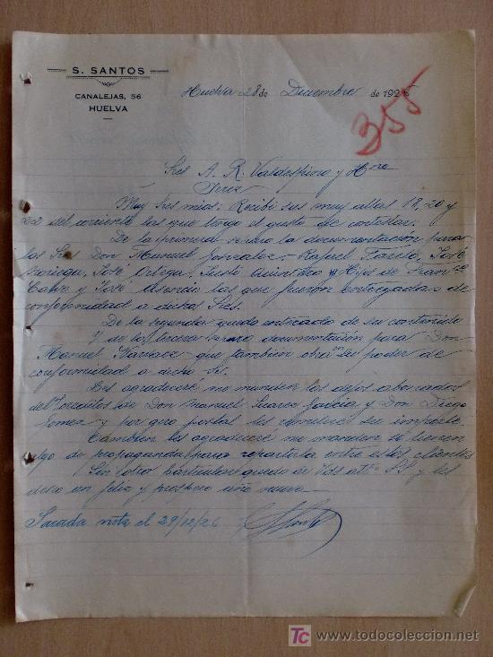 Commercial Letters: HUELVA 1926. CARTA COMERCIAL DE S. SANTOS. CANALEJAS, 56. A VALDESPINO HNOS.