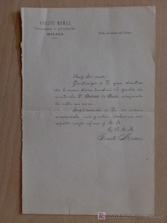 Commercial Letters: MALAGA. CARTA COMERCIAL DE FAUSTO MU&Ntilde;OZ. TIPOGRAFIA Y LITOGRAFIA.