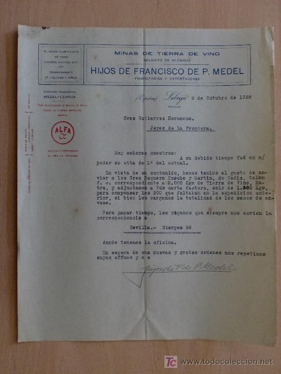 Cartas comerciales: LEBRIJA 1928. CARTA COMERCIAL DE MINAS DE TIERRA DE VINO. HIJOS DE FRANCISCO DE P. MEDEL.