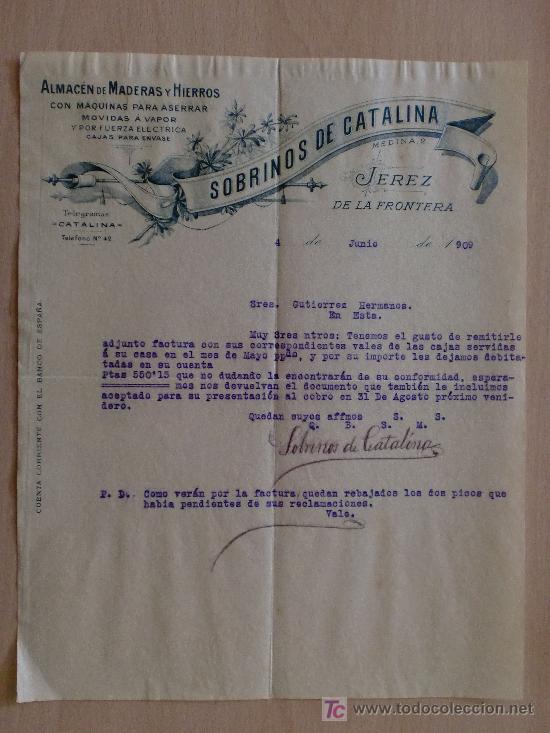 Cartas comerciales: JEREZ 1909. CARTA COMERCIAL DE SOBRINOS DE CATALINA. ALMACEN DE MADERAS Y HIERROS.