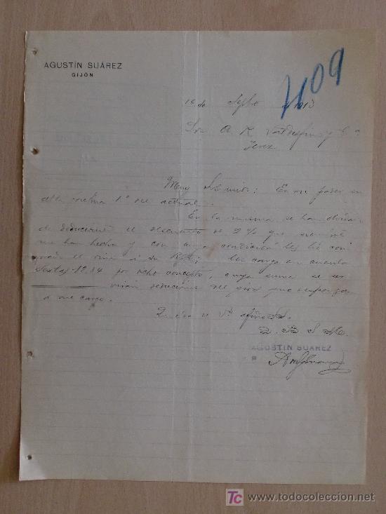 Cartas comerciales: GIJON 1913. CARTA COMERCIAL DE AGUST&Iacute;N SUAREZ. A VALDESPINO Y COMPA&Ntilde;IA.
