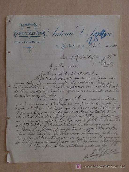 Cartas comerciales: MADRID 1913. CARTA COMERCIAL DE ANTONIO L. FANTISO. ALMACEN DE COMESTIBLES FINOS.
