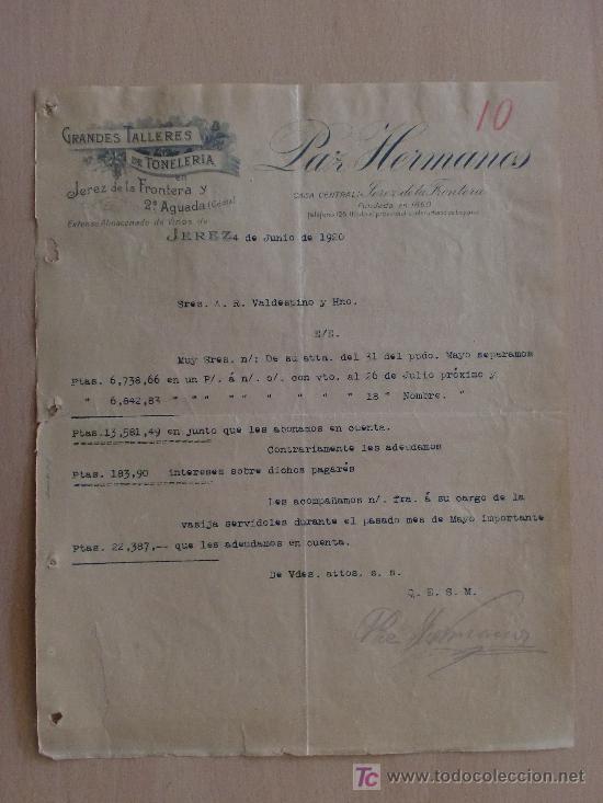 Cartas comerciales: JEREZ 1920. CARTA COMERCIAL DE PAZ HERMANOS. GRANDES TALLERES DE TONELERIA. ALMACEN DE VINOS.