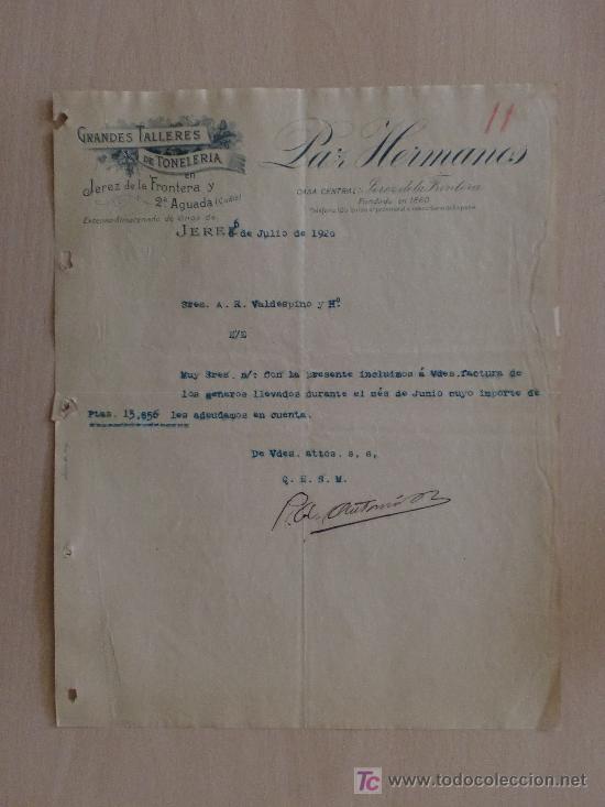 Cartas comerciales: JEREZ 1920. CARTA COMERCIAL DE PAZ HERMANOS. GRANDES TALLERES DE TONELERIA. ALMACEN DE VINOS.