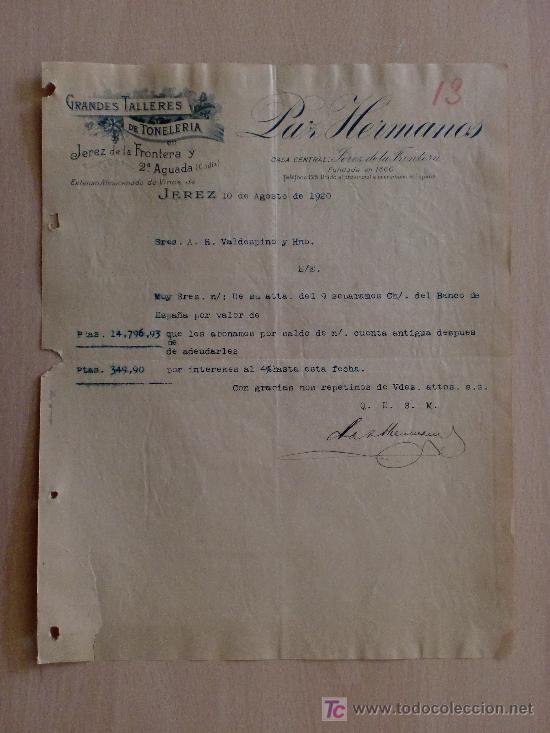 Cartas comerciales: JEREZ 1920. CARTA COMERCIAL DE PAZ HERMANOS. GRANDES TALLERES DE TONELERIA. ALMACEN DE VINOS.