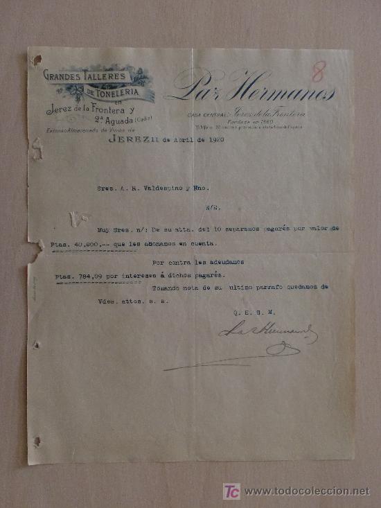 Cartas comerciales: JEREZ 1920. CARTA COMERCIAL DE PAZ HERMANOS. GRANDES TALLERES DE TONELERIA. ALMACEN DE VINOS.