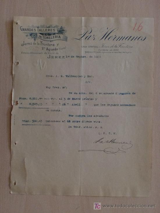 Cartas comerciales: JEREZ 1920. CARTA COMERCIAL DE PAZ HERMANOS. GRANDES TALLERES DE TONELERIA. ALMACEN DE VINOS.