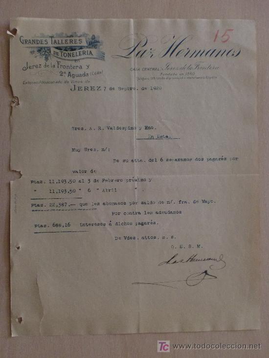 Cartas comerciales: JEREZ 1920. CARTA COMERCIAL DE PAZ HERMANOS. GRANDES TALLERES DE TONELERIA. ALMACEN DE VINOS.