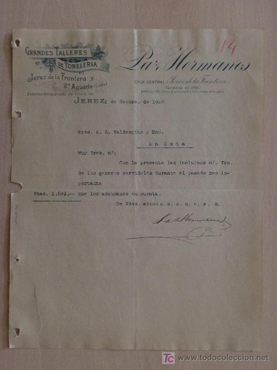Cartas comerciales: JEREZ 1920. CARTA COMERCIAL DE PAZ HERMANOS. GRANDES TALLERES DE TONELERIA. ALMACEN DE VINOS.