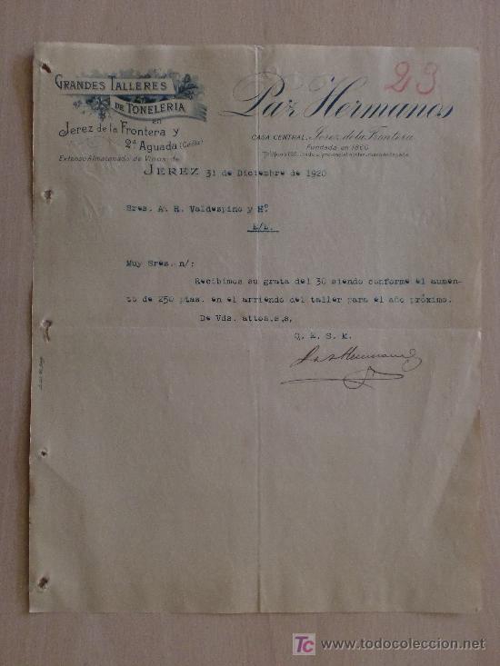 Cartas comerciales: JEREZ 1920. CARTA COMERCIAL DE PAZ HERMANOS. GRANDES TALLERES DE TONELERIA. ALMACEN DE VINOS.