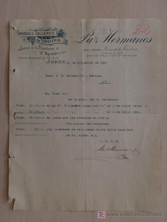 Cartas comerciales: JEREZ 1920. CARTA COMERCIAL DE PAZ HERMANOS. GRANDES TALLERES DE TONELERIA. ALMACEN DE VINOS.