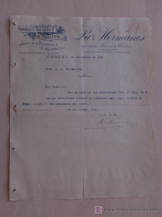 Cartas comerciales: JEREZ 1920. CARTA COMERCIAL DE PAZ HERMANOS. GRANDES TALLERES DE TONELERIA. ALMACEN DE VINOS.