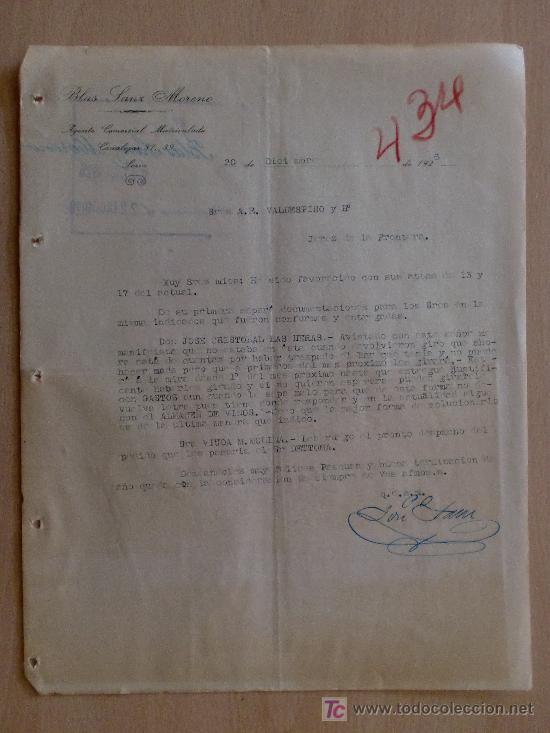Cartas comerciales: SORIA 1926. CARTA COMERCIAL DE BLAS SANZ MORENO. AGENTE COMERCIAL MATRICULADO. A VALDESPINO Y HNO.