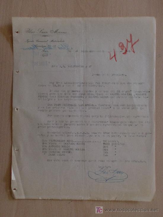 Cartas comerciales: SORIA 1926. CARTA COMERCIAL DE BLAS SANZ MORENO. AGENTE COMERCIAL MATRICULADO. A VALDESPINO Y HNO.