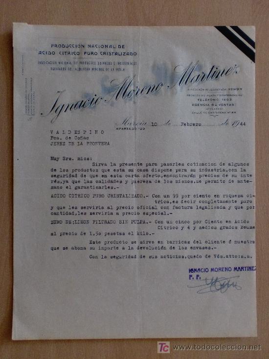 Cartas comerciales: MURCIA 1944. CARTA COMERCIAL DE IGNACIO MORENO MARTINEZ. PRODUCCION ACIDO CITRICO PURO CRISTALIZADO.