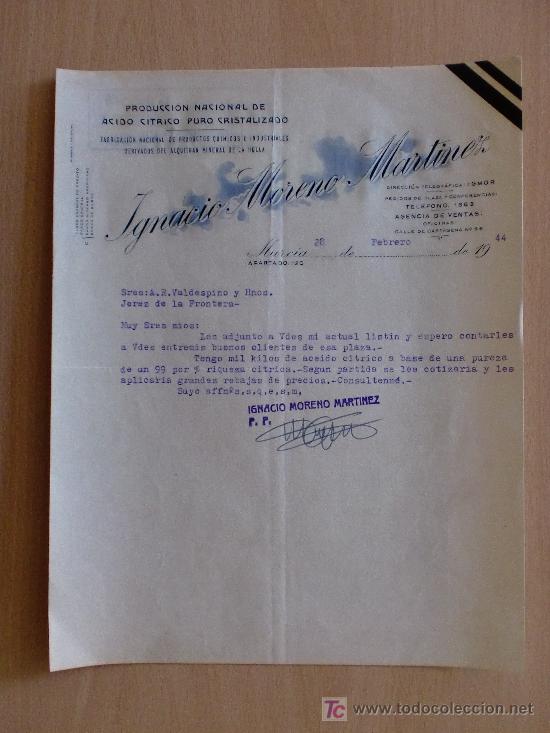 Cartas comerciales: MURCIA 1944. CARTA COMERCIAL DE IGNACIO MORENO MARTINEZ. PRODUCCION ACIDO CITRICO PURO CRISTALIZADO.