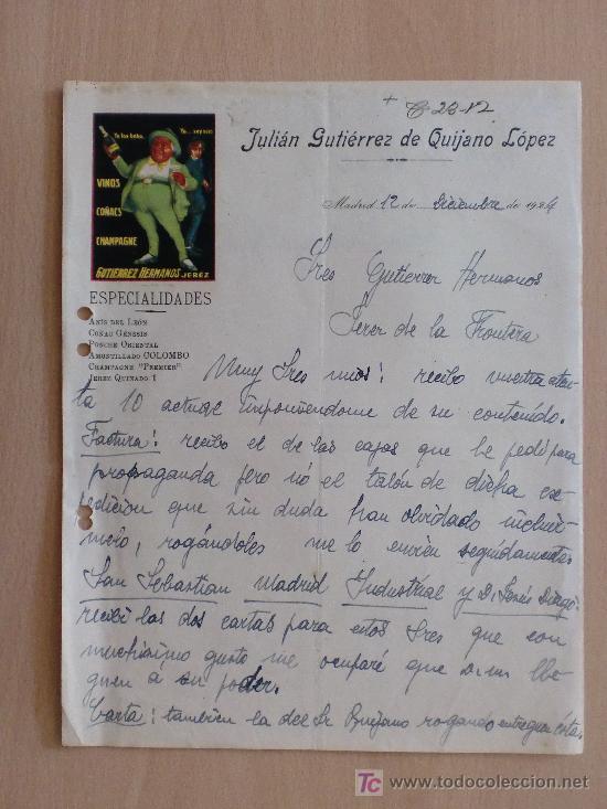 Lettere commerciali: MADRID 1924. CARTA COMERCIAL JULIAN GUTIERREZ DE QUIJANO LOPEZ. ANIS DE LEON, CO&Ntilde;AC, PONCHE ETC.