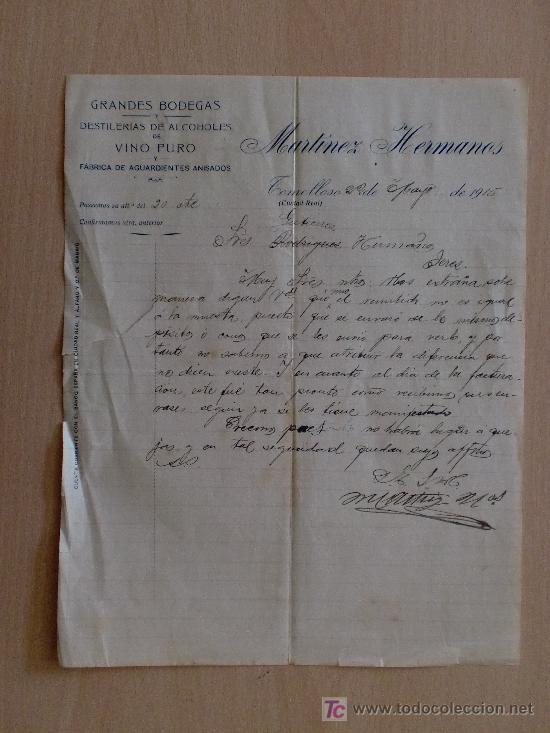 Commercial Letters: TOMELLOSO, CIUDAD REAL 1915. CARTA COMERCIAL DE MARTINEZ HERMANOS. GRANDES BODEGAS. DESTILERIA VINO.