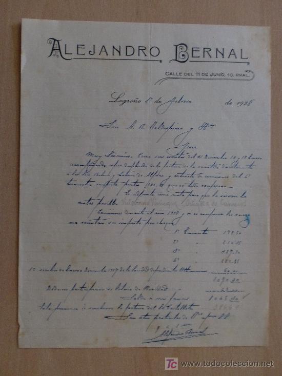 Cartas comerciales: LOGRO&Ntilde;O 1928. CARTA COMERCIAL DE ALEJANDRO BERNAL.