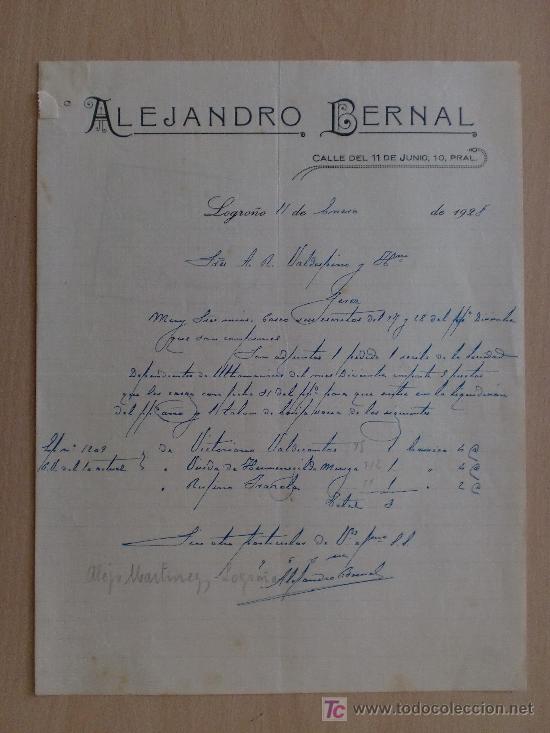 Cartas comerciales: LOGRO&Ntilde;O 1928. CARTA COMERCIAL DE ALEJANDRO BERNAL.