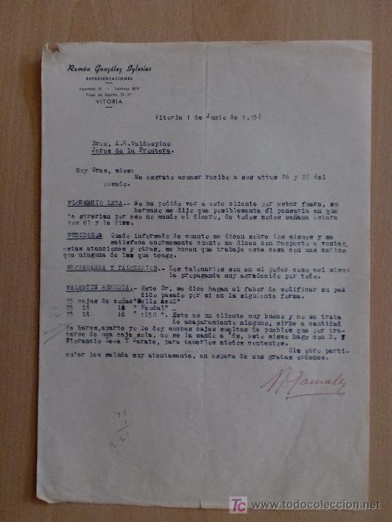 Cartas comerciais: VITORIA 1958. CARTA COMERCIAL DE RAMON GONZALEZ IGLESIAS, REPRESENTACIONES.