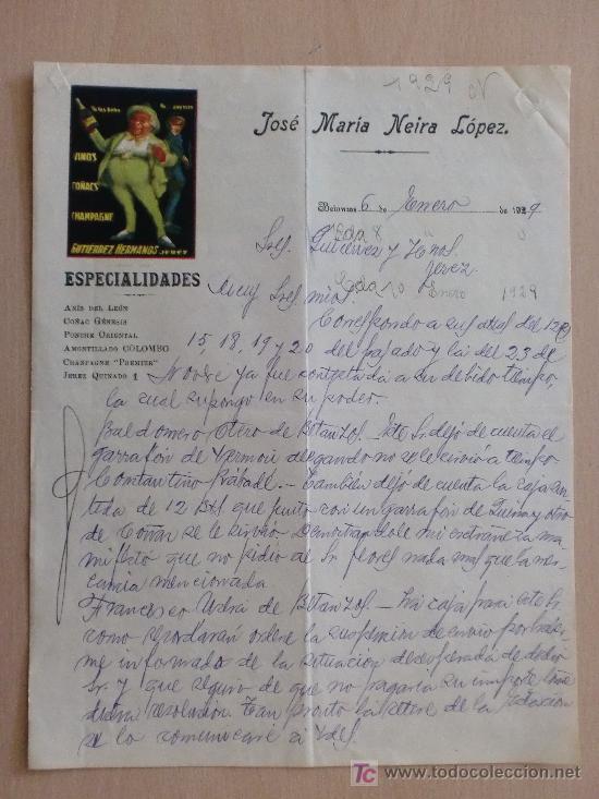 Commercial Letters: BETANZOS 1929. CARTA COMERCIAL DE JOSE MARIA NEIRA LOPEZ. ANIS, CO&Ntilde;AC, PONCHE, CHAMPAGNE.