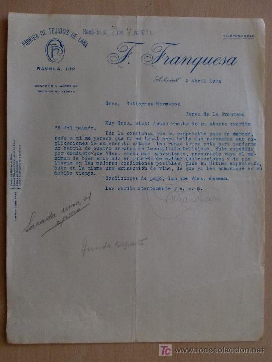 Commercial Letters: SABADELL 1932. CARTA COMERCIAL DE F. FRANQUESA. FABRICA DE TEJIDOS DE LANA.