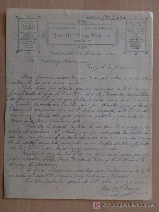 Commercial Letters: CARBALLINO, ORENSE 1932. CARTA COMERCIAL DE JOSE M&ordf; BANGA RODRIGUEZ. LA SOLEDAD. FUNERARIA.