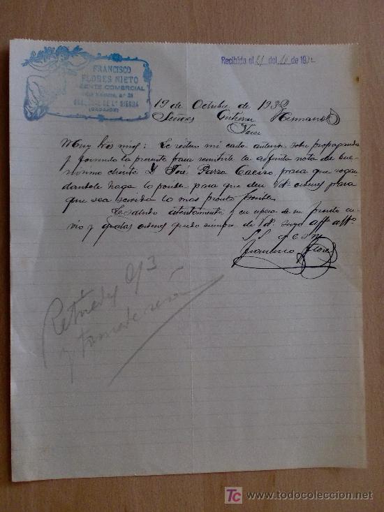 Commercial Letters: BADAJOZ 1932. CARTA COMERCIAL FRANCISCO FLORES NIETO. AGENTE COMERCIAL.