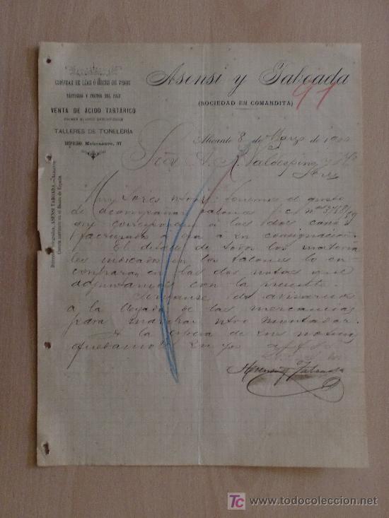 Commercial Letters: ALICANTE 1900. CARTA COMERCIAL DE ASENSI Y TABOADA. LIAS O HECES DE VINO. ACIDO TARTARICO.