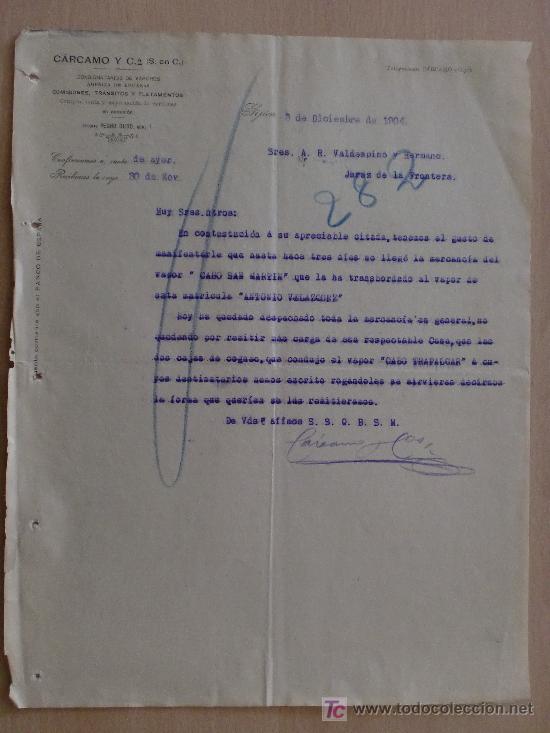 Commercial Letters: GIJON 1904. CARTA COMERCIAL DE CARCAMO Y C&ordf;. VAPORES. COMISIONES, TRANSITOS Y FLETAMENTOS.