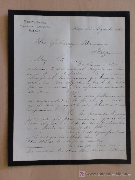 Commercial Letters: MALAGA 1888. CARTA COMERCIAL DE FAUSTO MU&Ntilde;OZ. TIPOGRAFIA Y LITOGRAFIA.