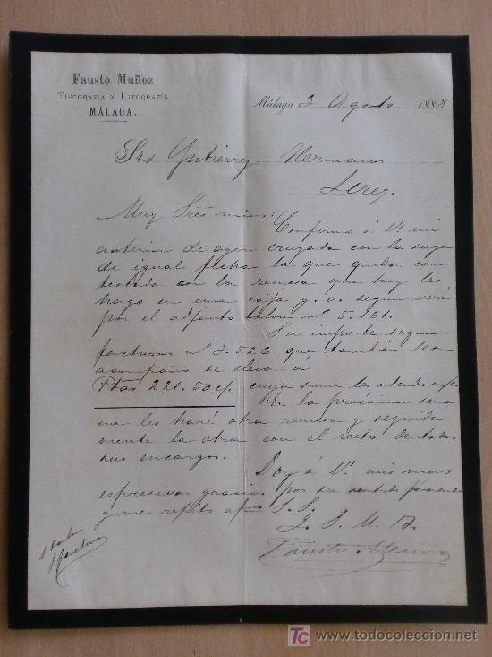 Commercial Letters: MALAGA 1888. CARTA COMERCIAL DE FAUSTO MU&Ntilde;OZ. TIPOGRAFIA Y LITOGRAFIA.