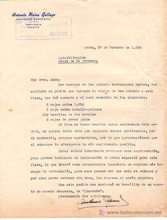 Commercial Letters: CEUTA. 1955. CARTA COMERCIAL DE PROFESOR MERCANTIL. ANTONIO REINA GALLEGO.