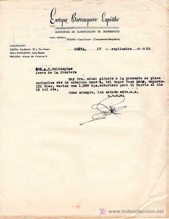 Commercial Letters: CEUTA. 1955. CARTA COMERCIAL DE ALMACEN DE CLASIFICION DE DESPERDICIOS. ENRIQUE BARRANQUERO EXPOSITO