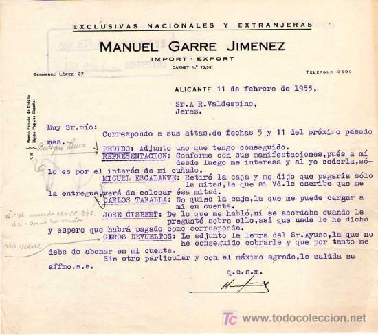 Commercial Letters: ALICANTE. 1955. CARTA COMERCIAL DE EXCLUSIVAS NACIONALES Y EXTRANJERAS. MANUEL GARRE JIMENEZ.