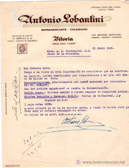 Commercial Letters: VITORIA. 1946. CARTA COMERCIAL DE REPRESENTANTE - COLEGIADO. ANTONIO LEBANTINI.
