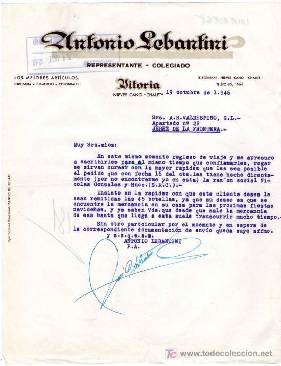 Commercial Letters: VITORIA. 1946. CARTA COMERCIAL DE REPRESENTANTE - COLEGIADO. ANTONIO LEBANTINI.